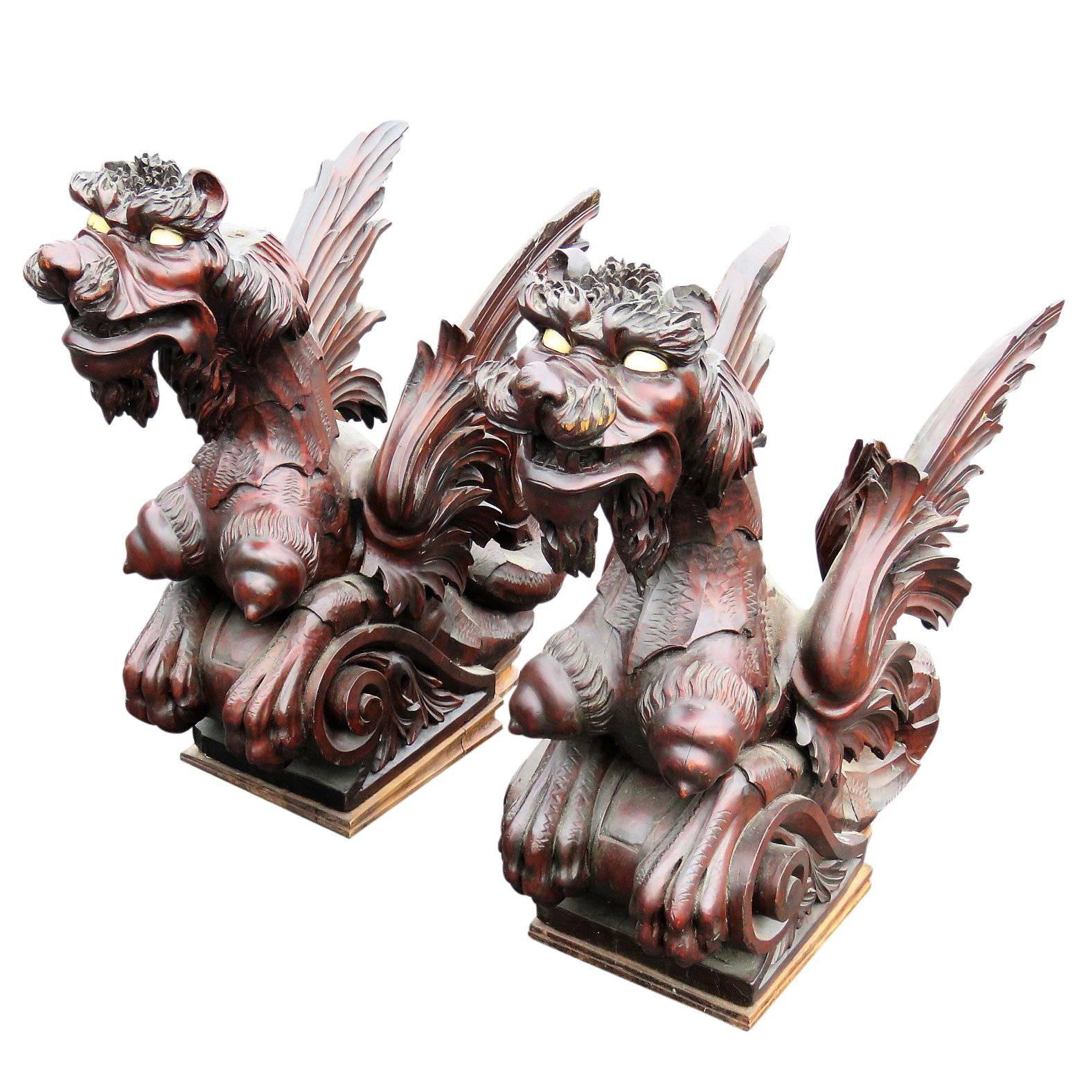 Pair of Magnificent Figural Carved Griffins