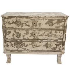 Vintage French Distressed Paint Three-Drawer Commode with Lion Paw Feet and Ring Pulls