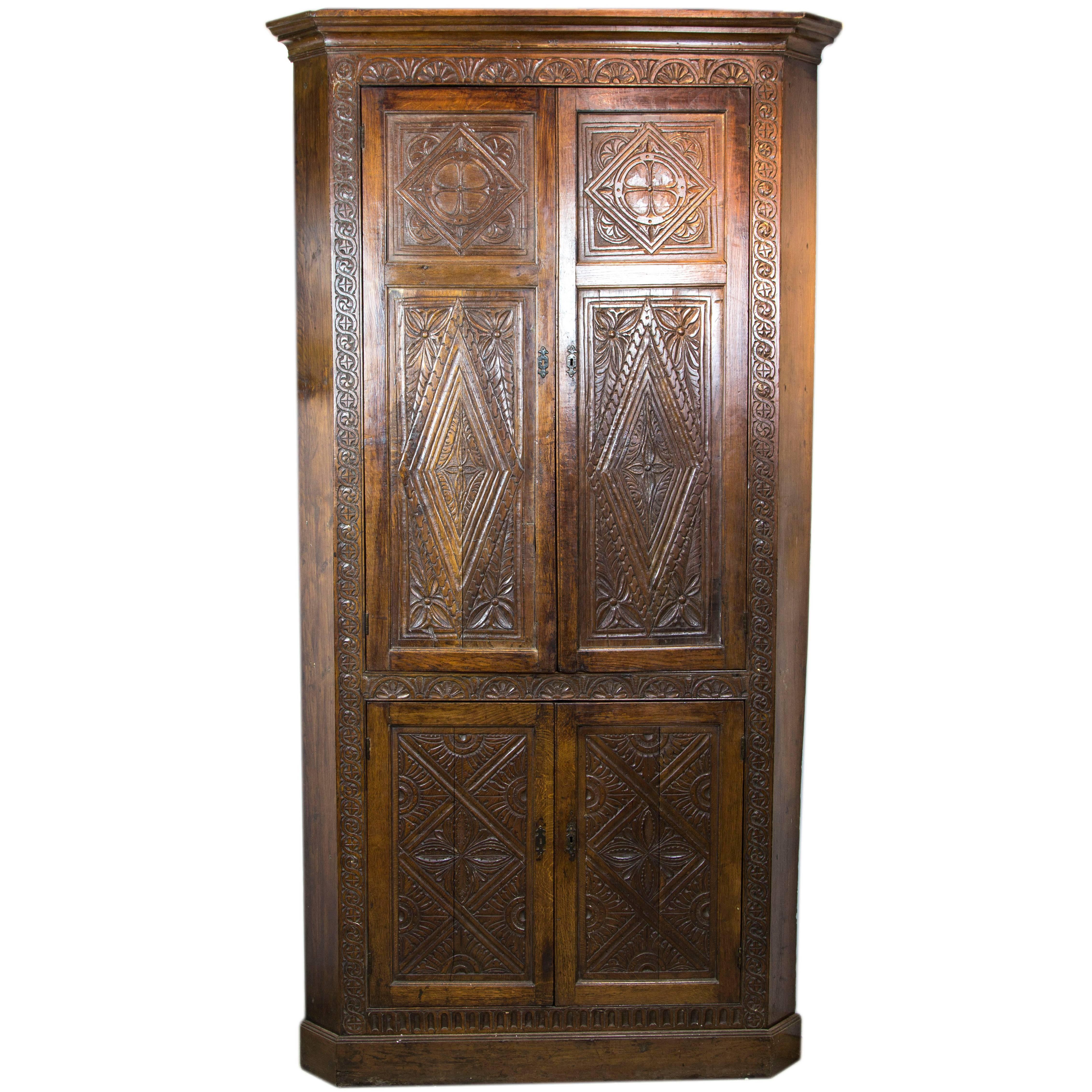 Antique Corner Cabinet Victorian Oak Four-Door Cabinet, Scotland, 1870