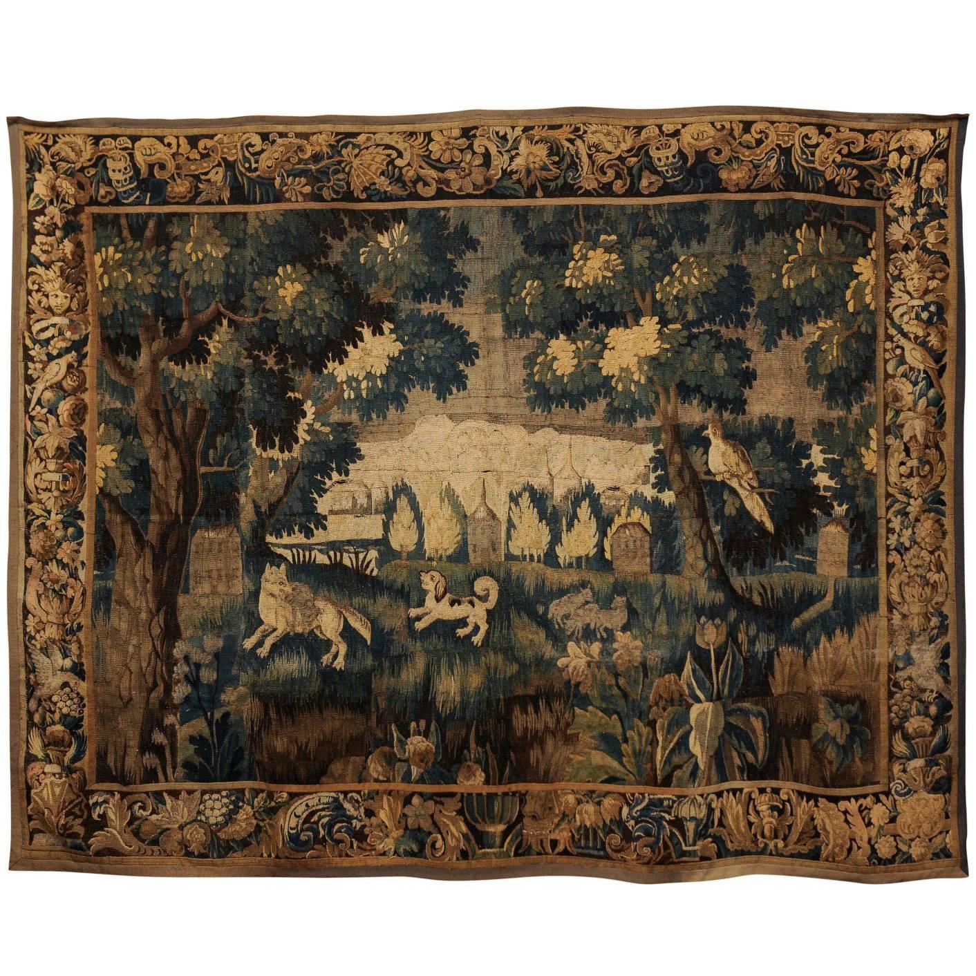 18th Century French Aubusson Tapestry with Dog Hunt