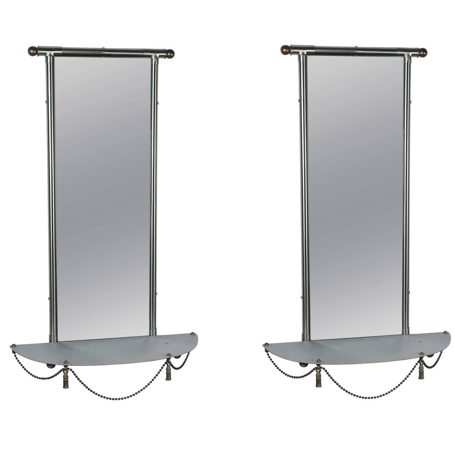 Pair of Chrome and Brass Wall Mirrors with Semi-Circular Shelves For Sale