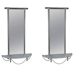 Pair of Chrome and Brass Wall Mirrors with Semi-Circular Shelves
