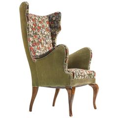 Danish Saber Leg Wingback Chair in Floral Upholstery