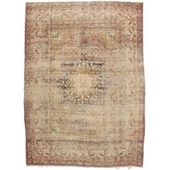 Distressed Antique Persian Kermanshah Rug with English Chintz Rustic Style