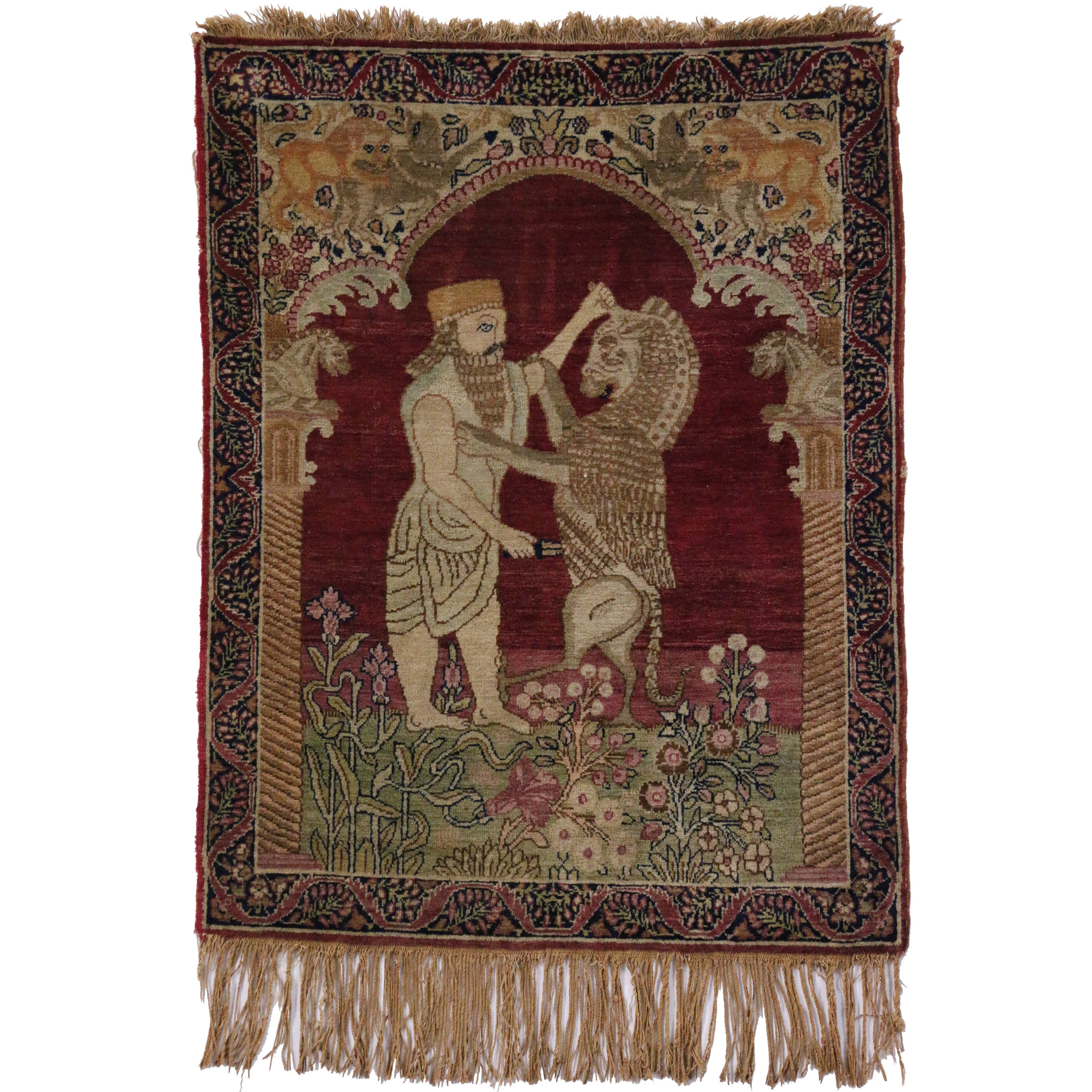 Antique Kerman Pictorial Rug Mythological Tapestry Lion & King Darius Achaemenid