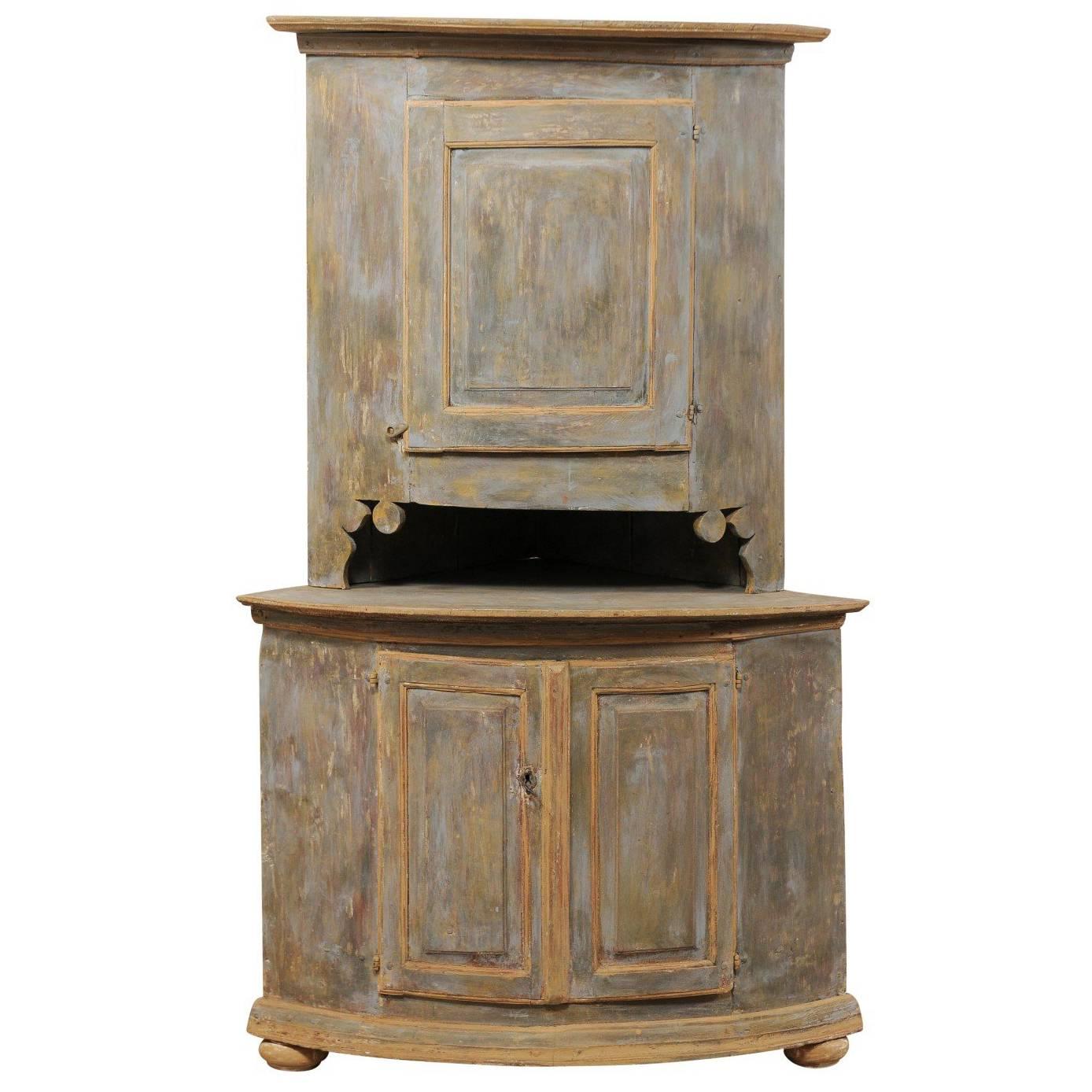 19th Century Swedish Painted Wood Corner Cabinet with Nicely Carved Details