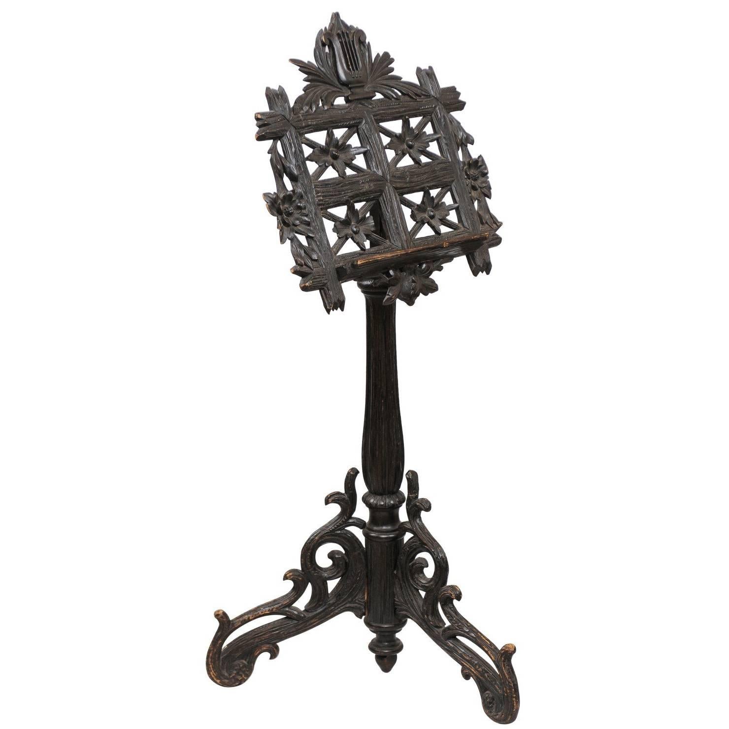 19th Century French Black Forest Music Stand with Carved Lyre Crest and Flowers