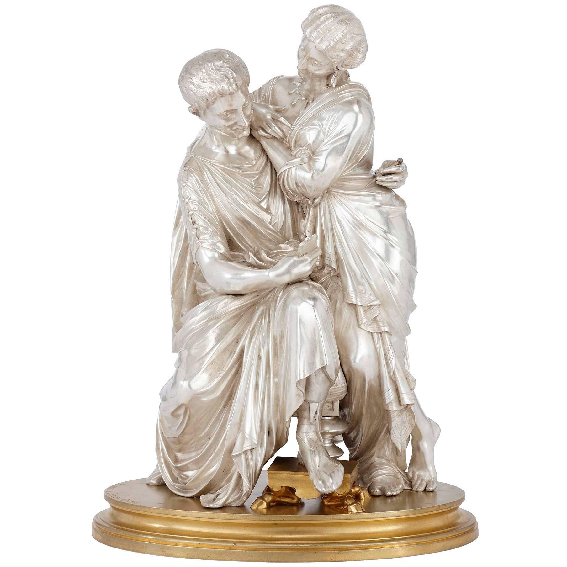 Sculpture française ancienne d'un couple en bronze argenté et doré par Devaulx en vente