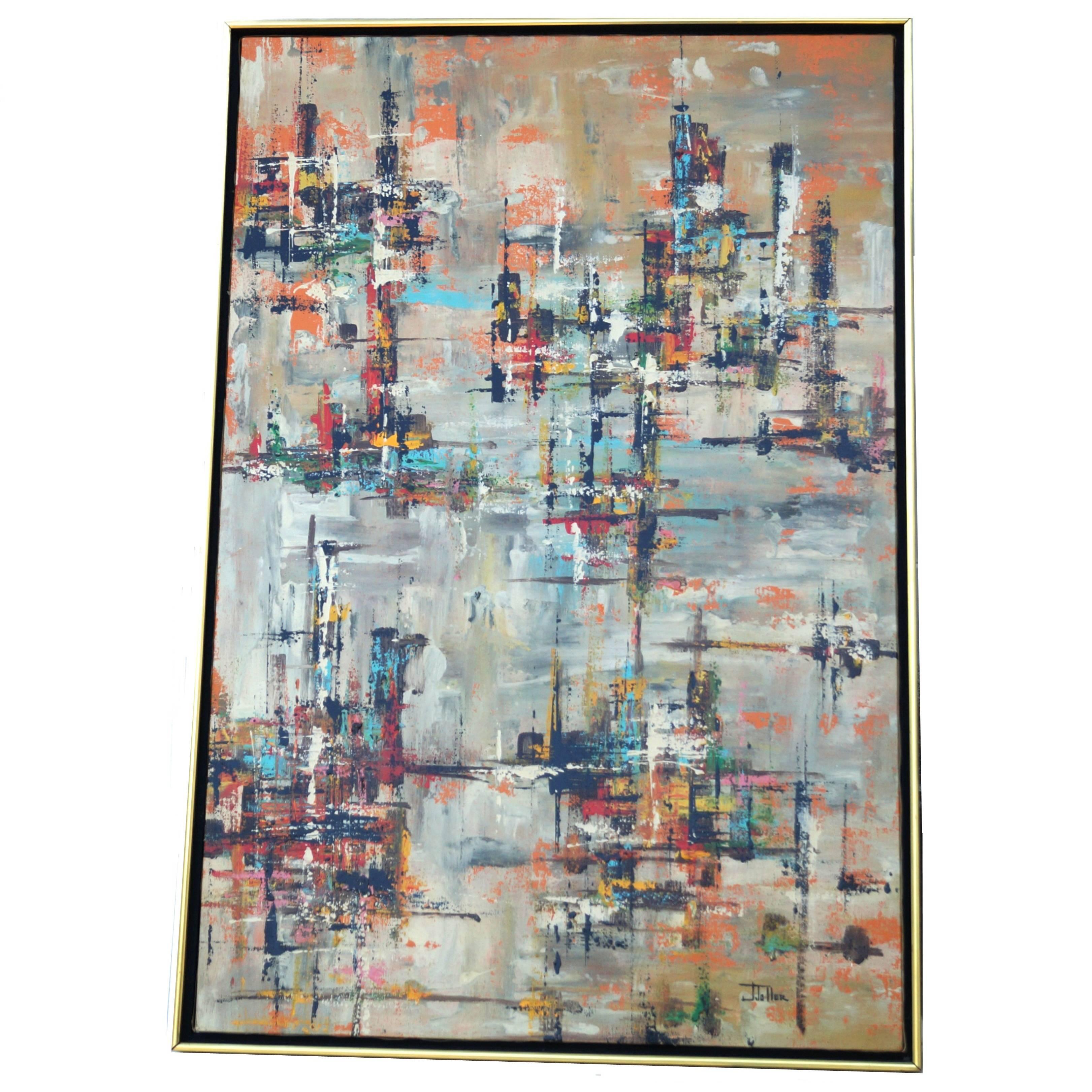 J. Toller Oil on Canvas Abstract Painting, Mid-Century Modern