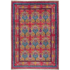 Handgefertigter Teppich aus gemusterter und geblümter Wolle, Stein, 3,1 m x 4,1 m, Unikat