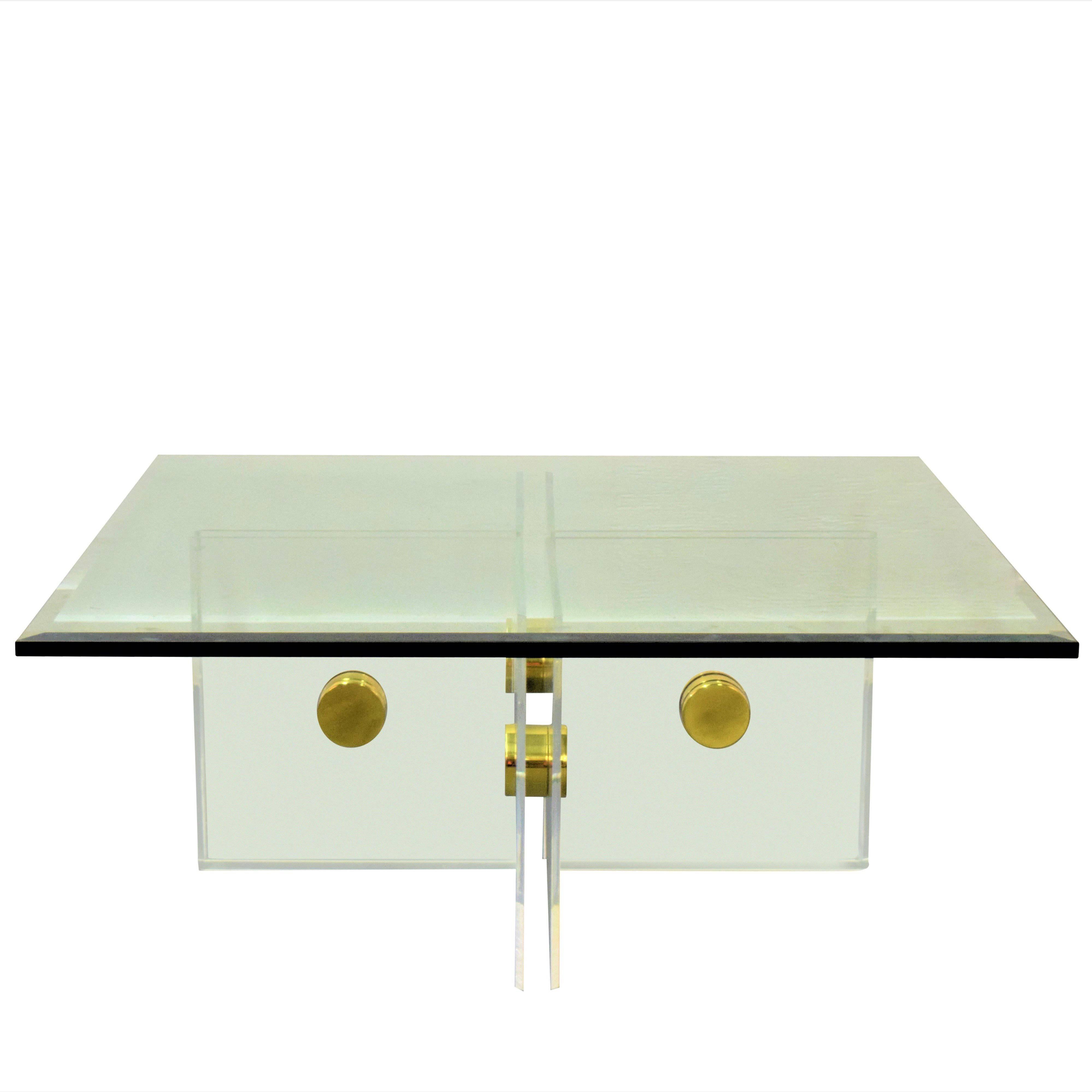 Lucite and Brass Bolt Coffee Table For Sale