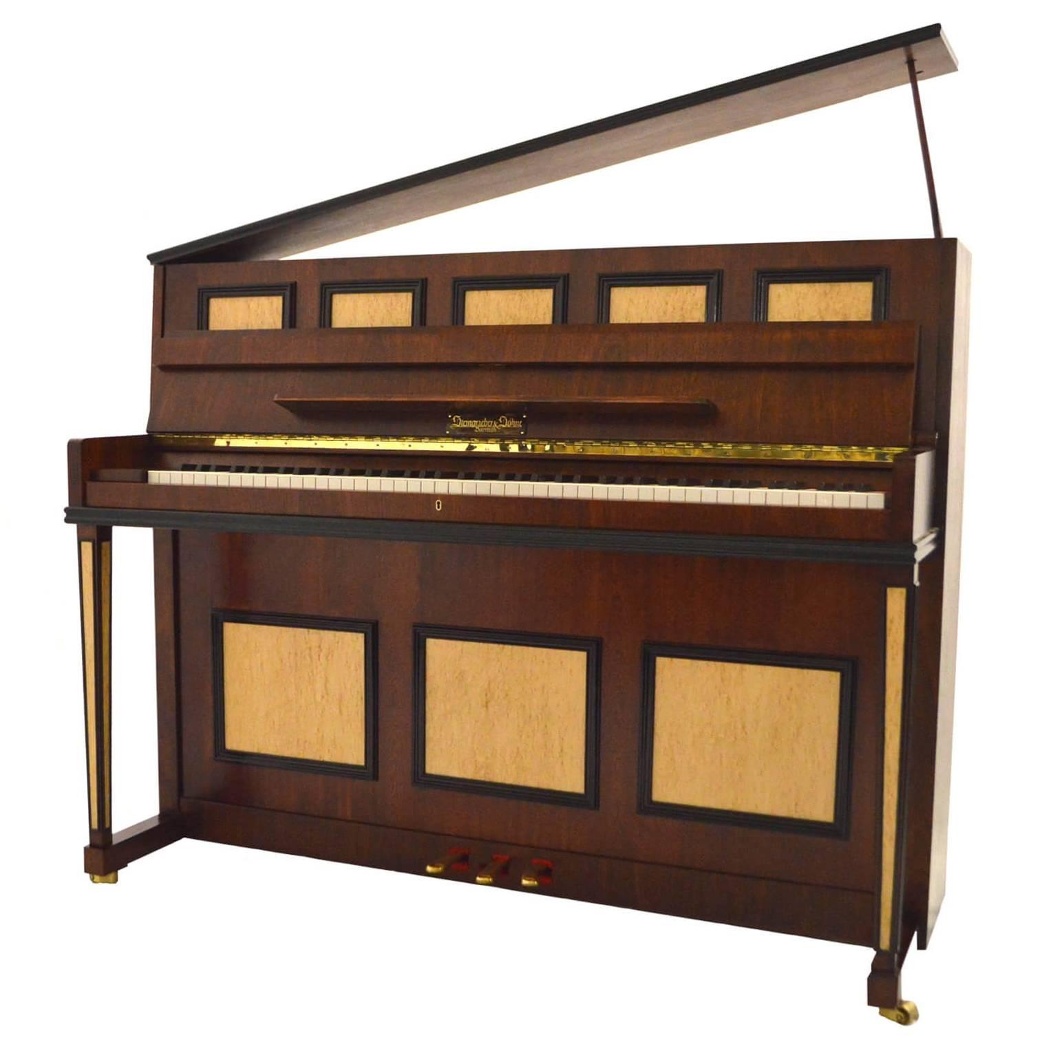 Steingraeber & Sohne 118 Upright Piano in Mahogany with Bird's-Eye Maple Inlay For Sale