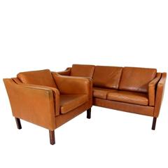 Scandinavian Three-Seat Sofa and Lounge Chair on Brown Leather Made in Denmark 12