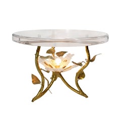 Gilt Metal Side Table with Leaf Motif & Illuminated Rock Crystal Floral Detail