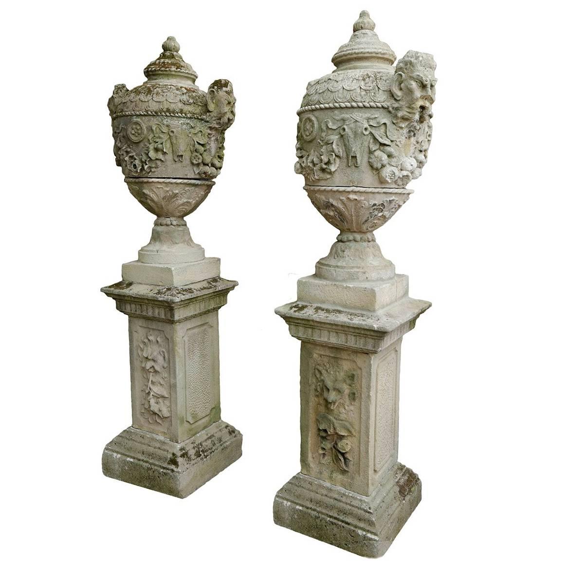 Wonderful Pair of Carved Limestone Urns on Pedestals For Sale