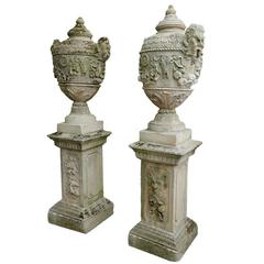 Wonderful Pair of Carved Limestone Urns on Pedestals