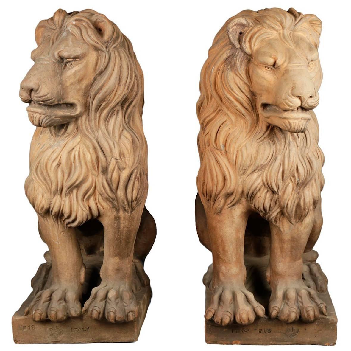 Pair of Italian Terracotta Lions For Sale