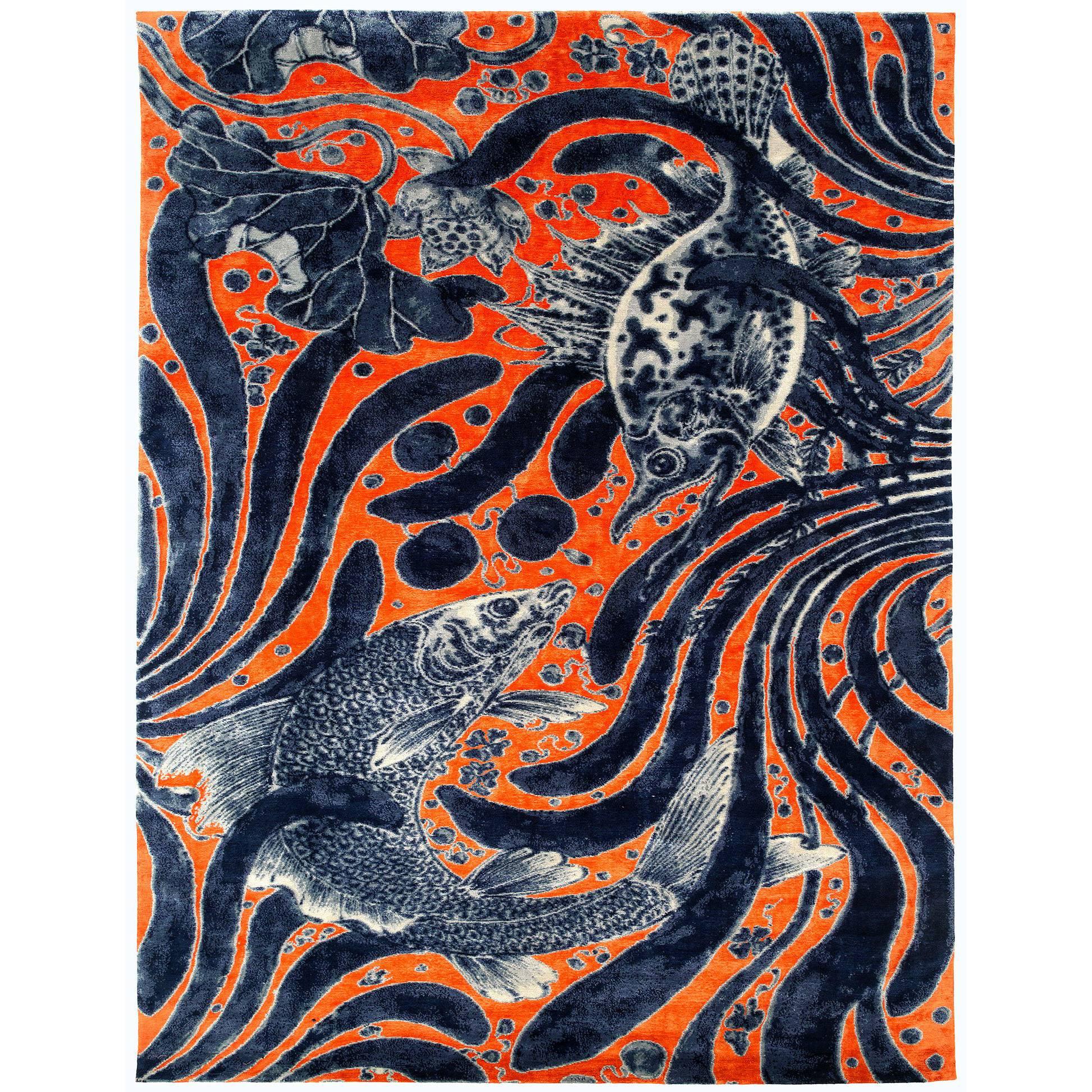 Modern 'Aquatic Life' Rug in Wool and Silk by CARINI 9x12