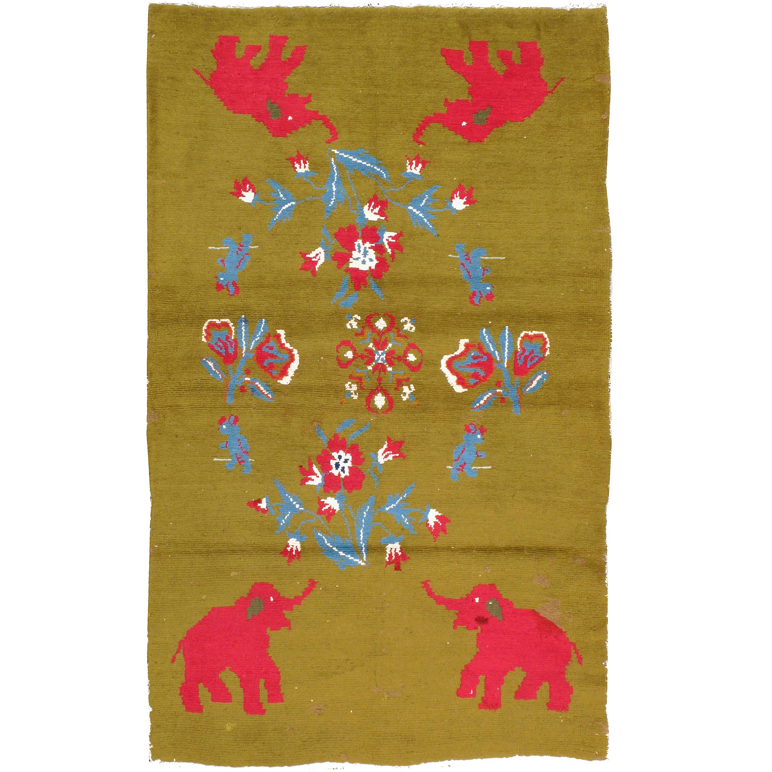 Midcentury Swedish Handmade Green Pictorial Rug With Elephants and Teddy Bears For Sale