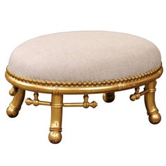 Antique English 1900s Giltwood Faux-Bamboo Upholstered Footstool