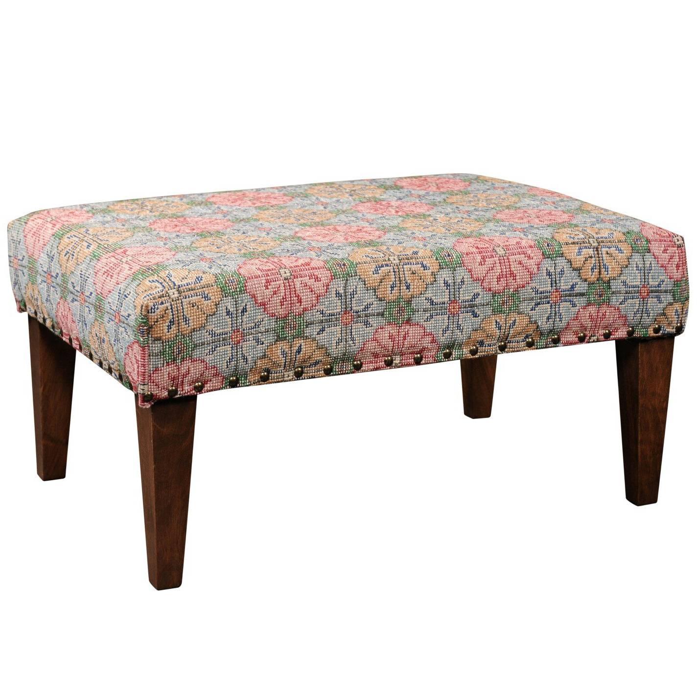 Upholstered Ottoman Made of Midcentury Colorful Turkish Rug over Custom Base For Sale