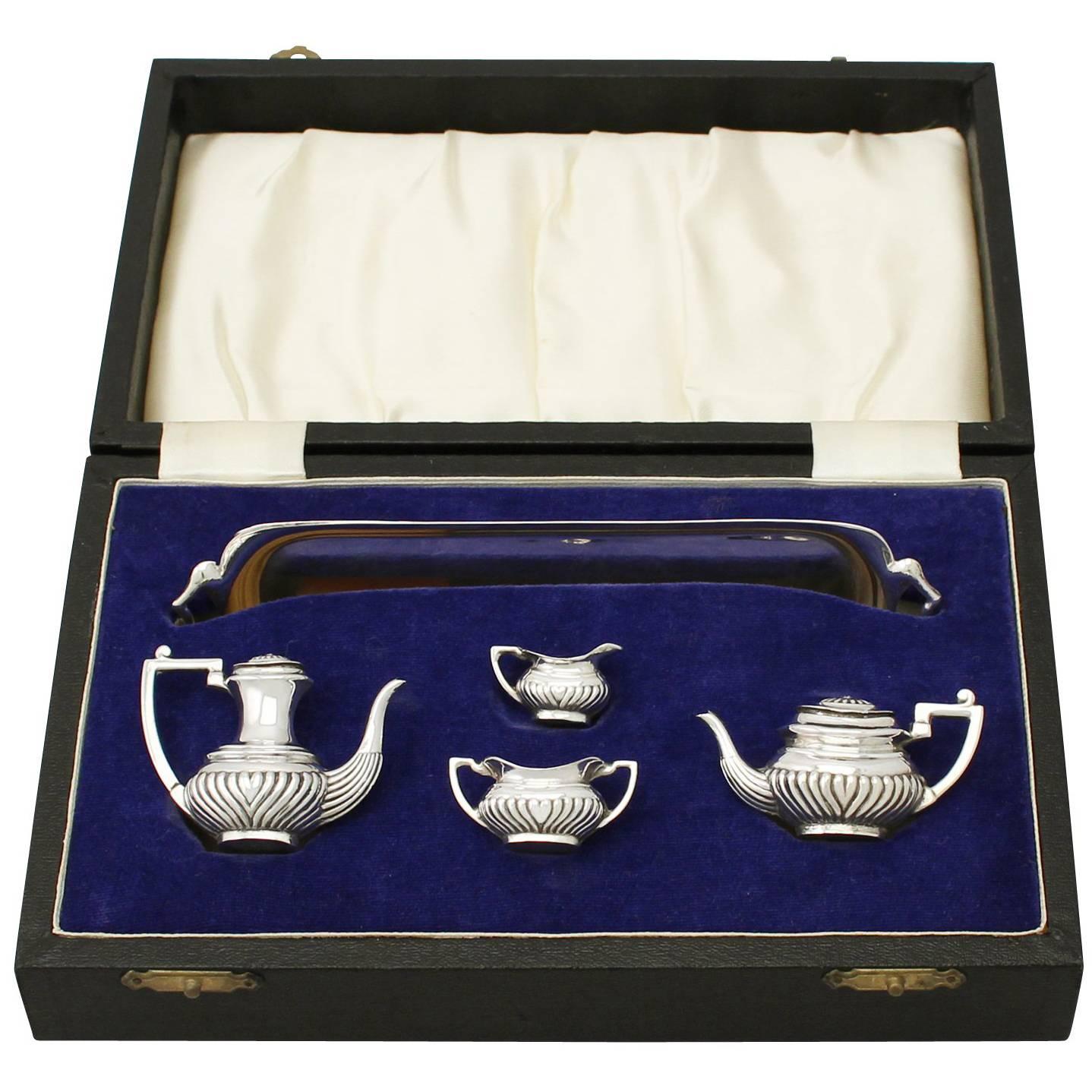 1970s Sterling Silver Boxed Miniature Tea and Coffee Service with Tray