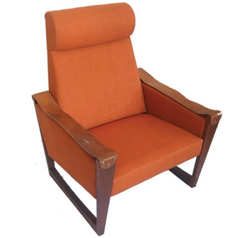 Danish High Back Leather and Fabric Armchair For Sale