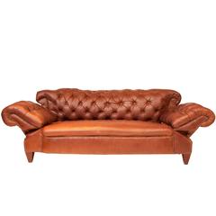 Antique Edwardian Double Drop Arm Brown Leather Sofa/Chesterfield