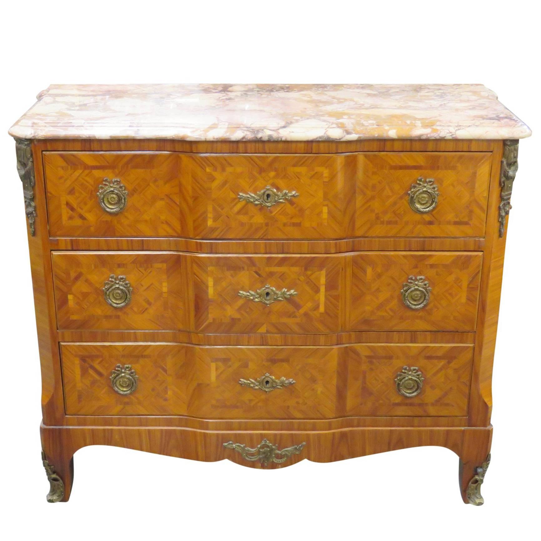 Louis XV Style Bronze Mounted Parquetry Inlaid Marble-Top Commode