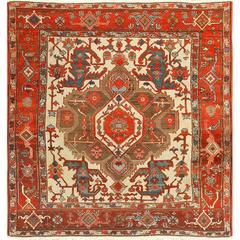 Square Small Size Antique Serapi Persian Rug