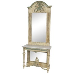 Louis XVI Style Distressed Cream Painted Marble-Top Console and Mirror