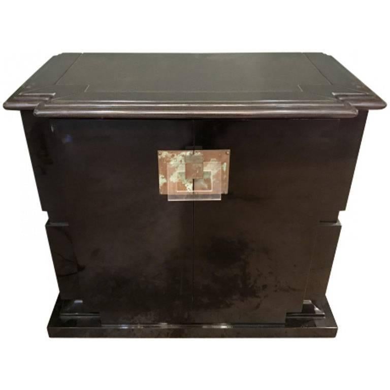 High-Style Lacquered Wood, Acrylic and Patinated Metal Two-Door Cabinet For Sale