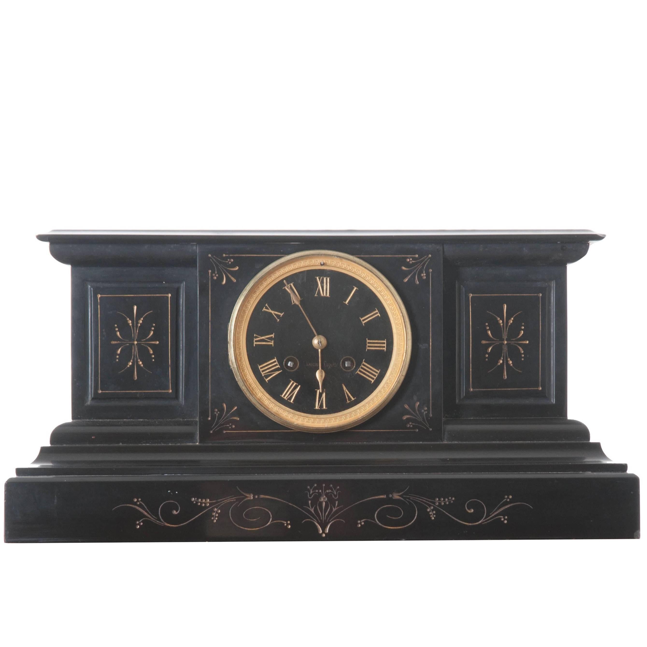 French Black Marble and Brass Mantel Clock