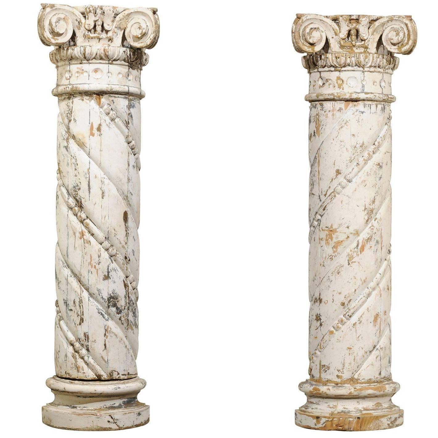 Pair of 18th Century Carved Wood White Columns, circa 1790 For Sale
