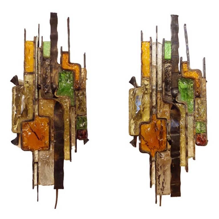 Pair Wall Sconces in Steel and Glass in the style of Poliarte Italy circa 1965 For Sale