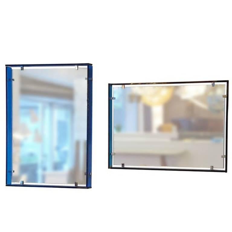 Fontana Arte Matched Pair of Wall Mirrors with Floating Blue Glass Frames For Sale