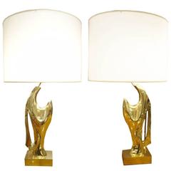 Pair of Table Lamps in Cast Bronze by Alain Chervet France circa 1970s