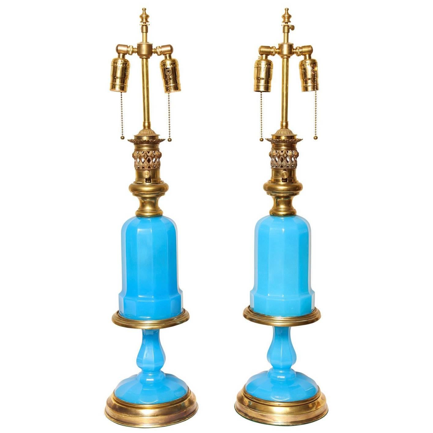 Pair of French Opaline Oil Lamps