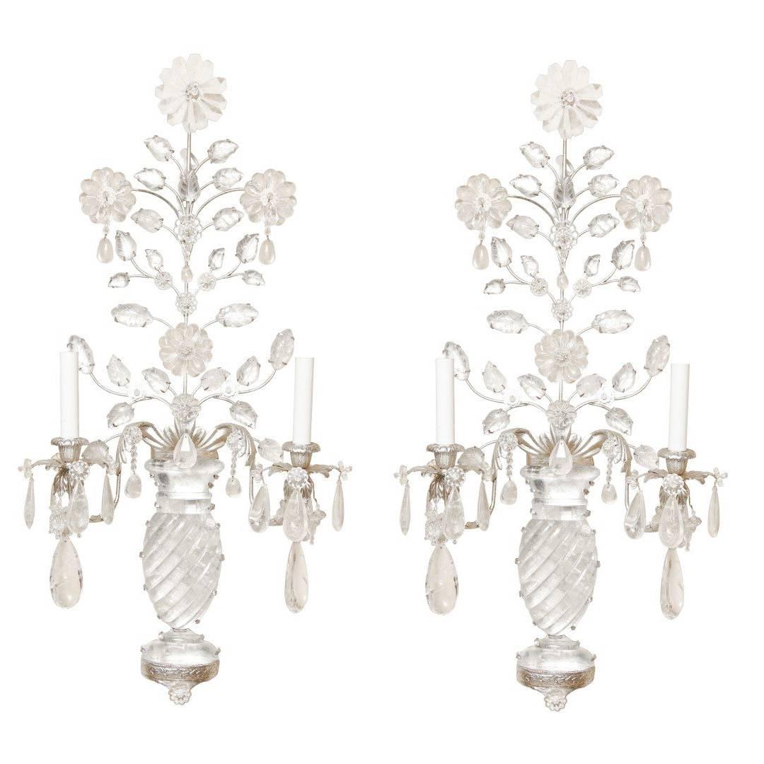Pair of New Two-Light Rock Crystal Sconces with Silver Metal Frames