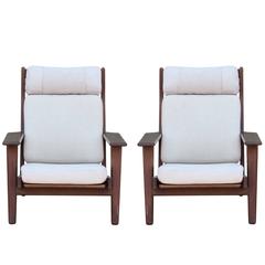 Pair of Modern Danish Hans Wegner Lounge Chairs in Neutral Colored Fabric