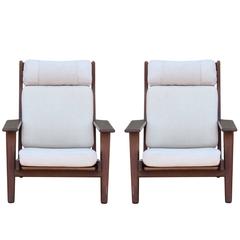 Pair of Modern Danish Hans Wegner Lounge Chairs in Neutral Colored Fabric