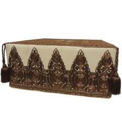 Modern Moroccan Brown Embroidered Square Ottoman with Tassels