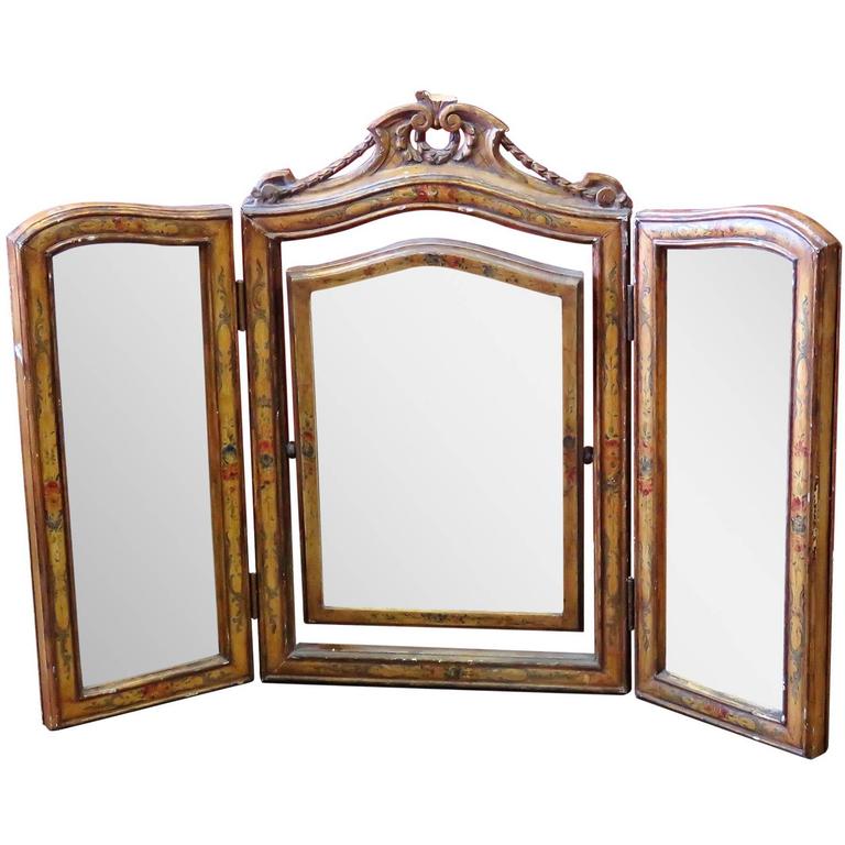 French Style Three Panel Paint Decorated Vanity Mirror