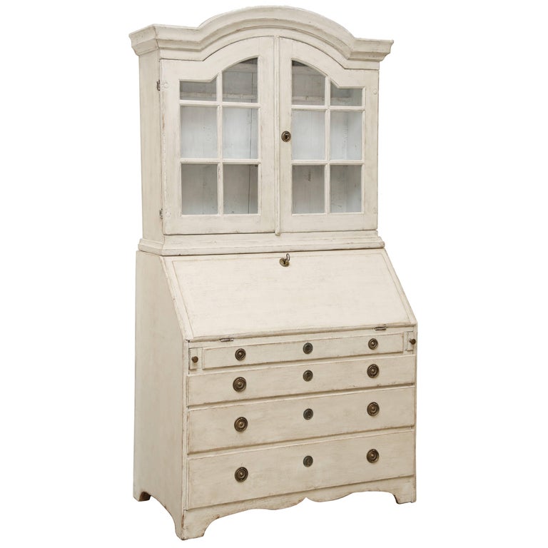 Swedish Baroque Secretary Display Cabinet Painted White Late 18th