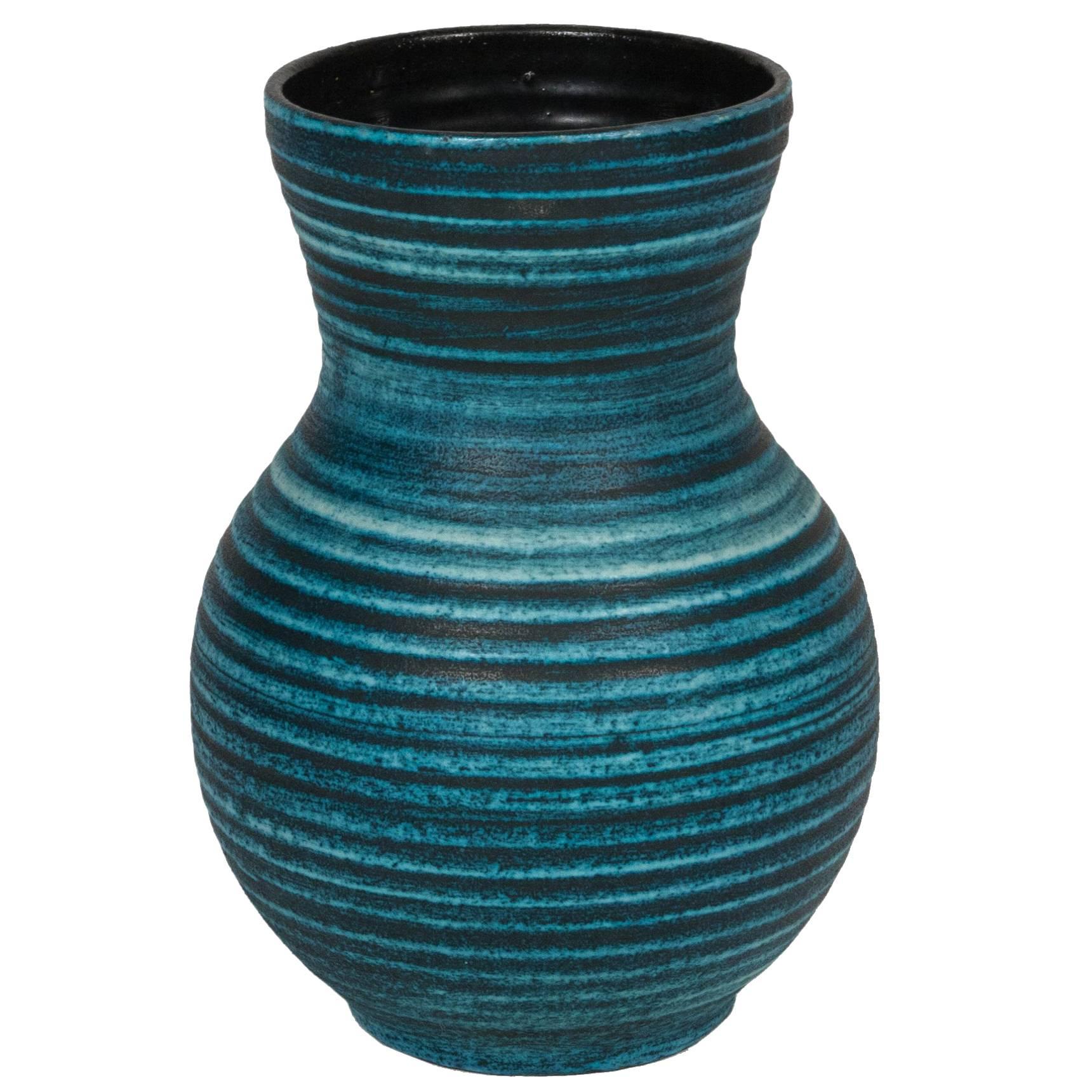 Blue Banded Ceramic Vase by Accolay, French, 1960s For Sale