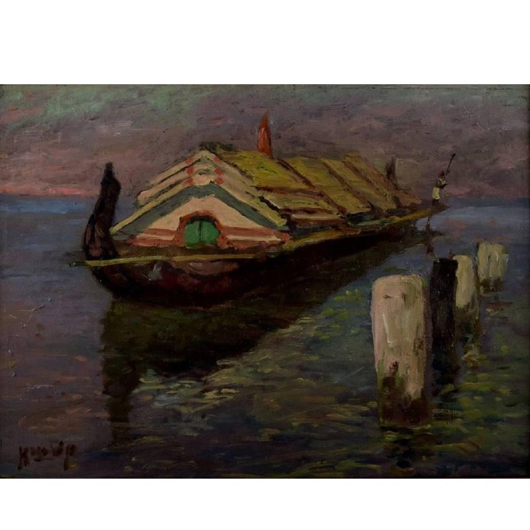 Hugo v. Pedersen, "An Indonesian River Boat from Java", Oil on Canvas