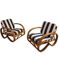 Paire de chaises longues en bambou double pretzel de style Paul Frankl