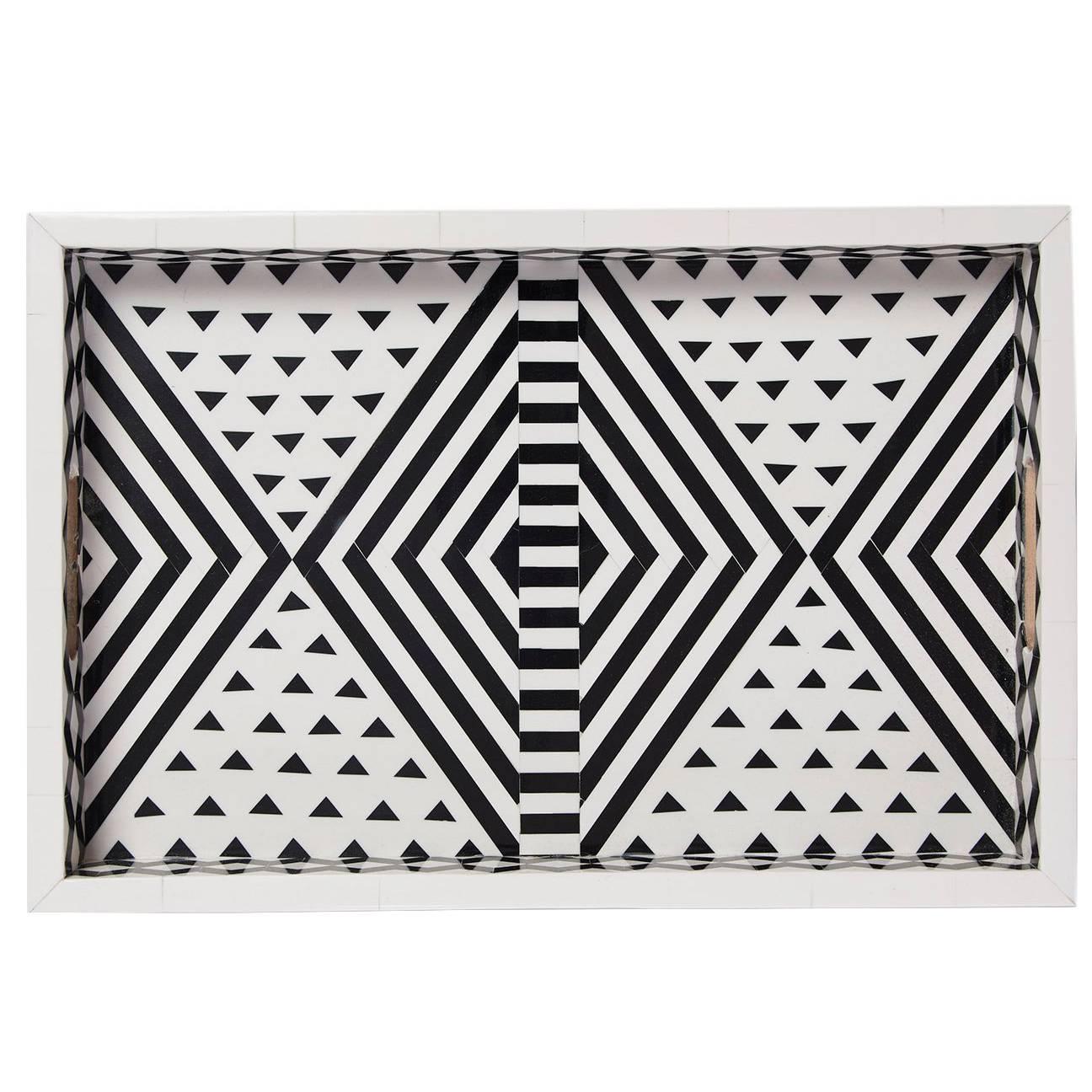 Aelfie Modern Striped Geometric Black and White Bone Inlay Tray For Sale