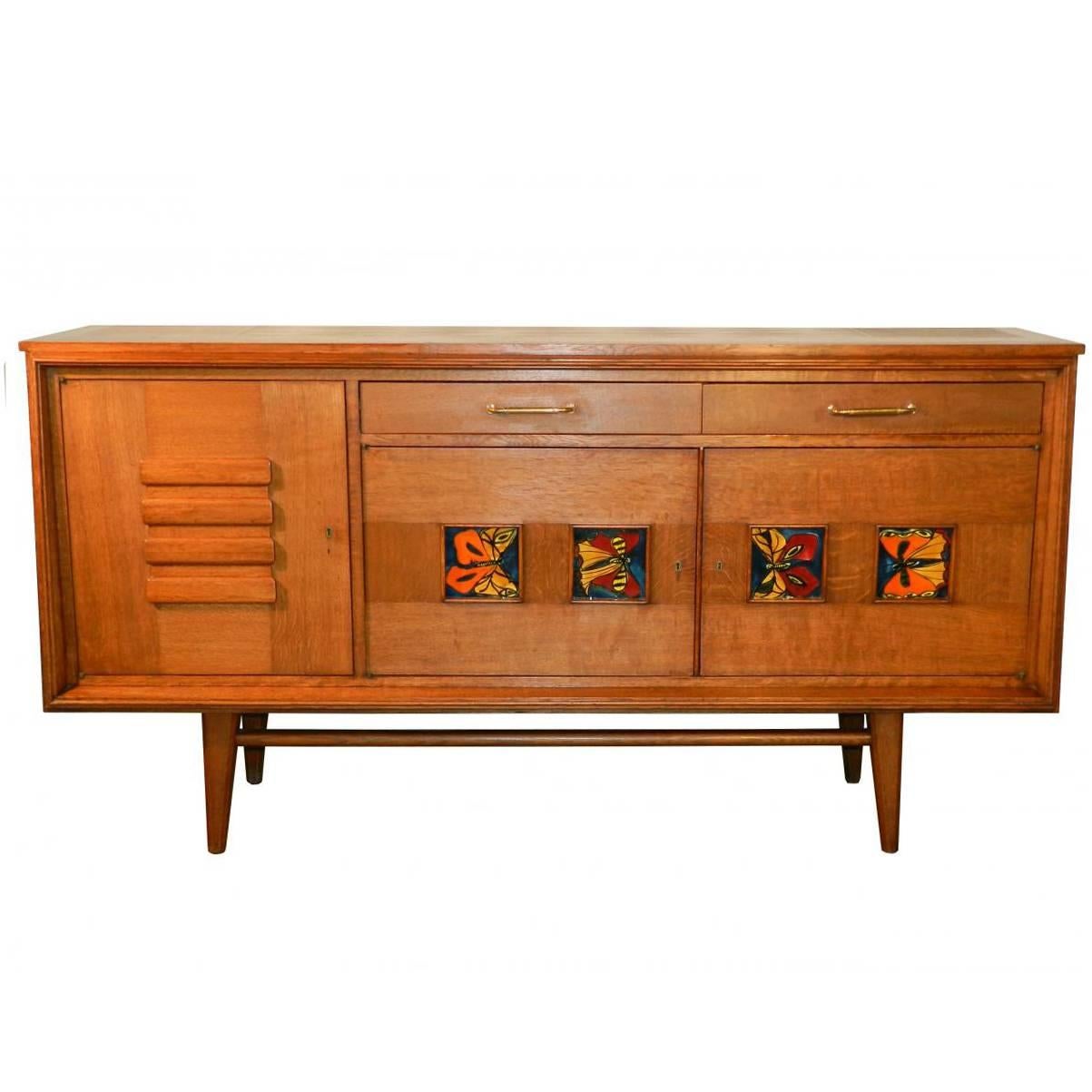 1950 Sideboard in Oak and Ceramic For Sale