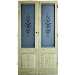 Pair of Reclaimed Pine Double Doors with Etched Glass 1